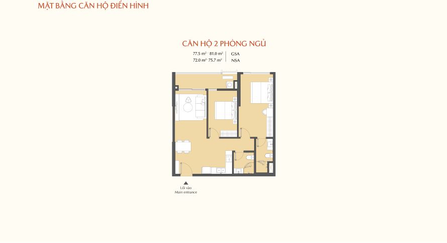 Mặt bằng căn hộ 2 phòng ngủ MIK Bắc Ninh